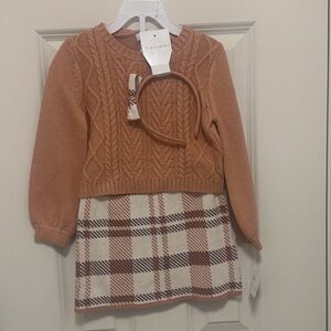 NWT Toddler Girls 2pc Sweater And Plaid Skirt Set With Headband Size 3t